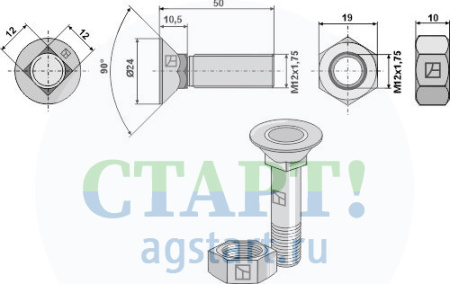 Болт для плуга M12x1,75x50 с шестигранной гайкой