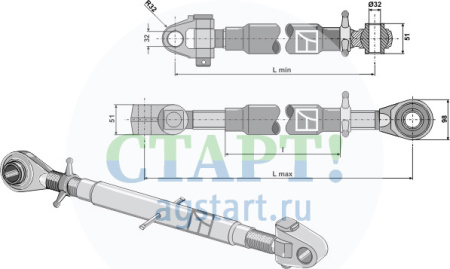 Верхняя тяга M36 x 3 с закал£нными шариковыми отверстиями и шарнирными головками